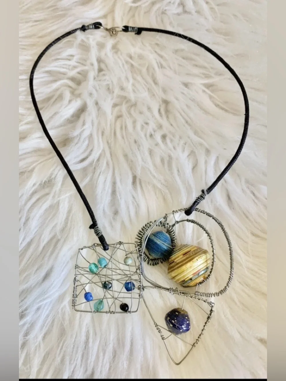 Handcrafted Art Brass Wire Blue Bead Unique Boho Artisan Statement Necklace
